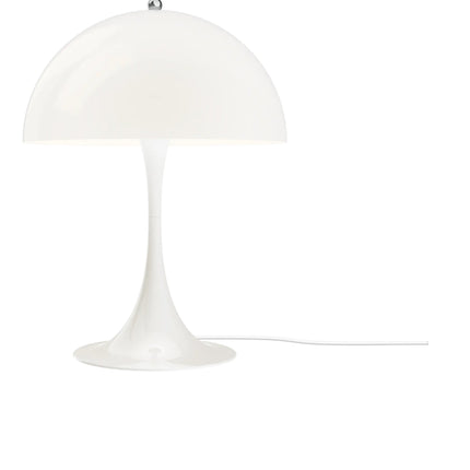 Lampe de table Panthella 320 opale blanche allumée, sur fond blanc