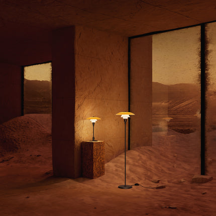 Lampadaire PH 3½-2½ et lampe de table PH 3/2 Centenary Edition allumés, seconde vue — Louis Poulsen